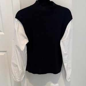 LOFT Navy Cowl-Neck Sweater with Mixed Media White Sleeves